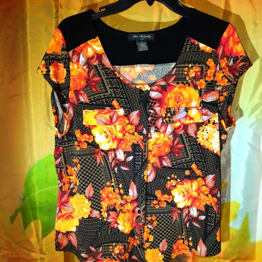 ELIE McCARTHRY Floral Short Sleeve Top Petite Large Bright Fall Colors